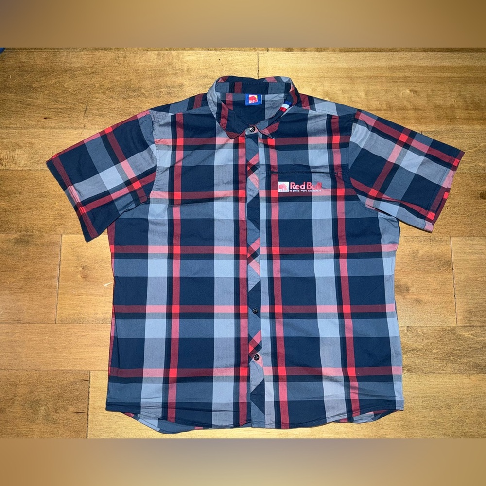 Men’s Red Bull 2XL Plaid Short Sleeve Snap Red Gray Cotton‎ Spandex